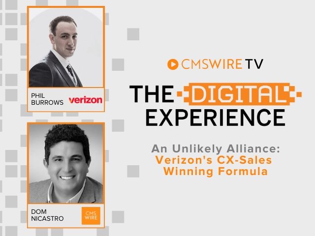 Grey pixelated thumbnail for CMSWire TV's, The Digital Experience. The thumbnail shows 2 rectangular profile images, one of the host, Dom Nicastro, and the other of the guest, Phil Burrows who runs mobile experience at Verizon.