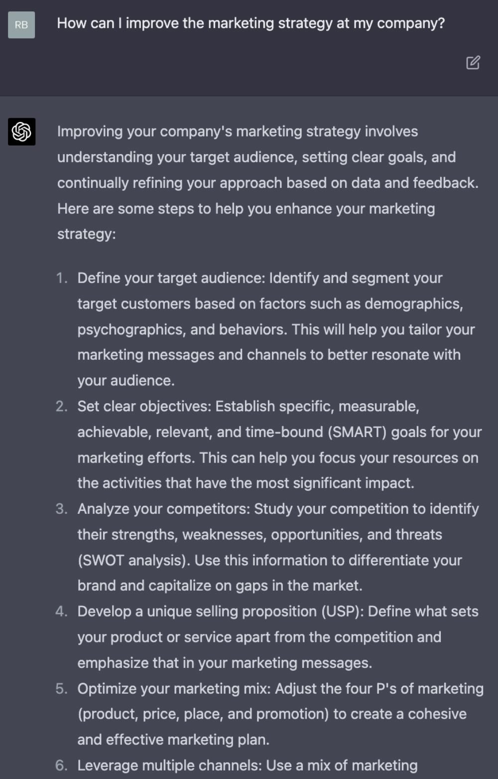 Screenshot of ChatGPT-4 answering a question about marketing strategy