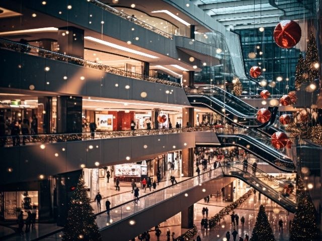 A bustling shopping mall adorned with holiday decorations, representing a time to focus on customer engagement.