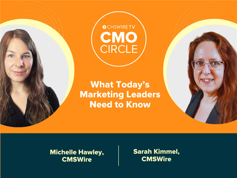 Orange thumbnail with two circular headshots of the guest, Sarah Kimmel and host Michelle Hawley from CMSWire TV show CMO Circle