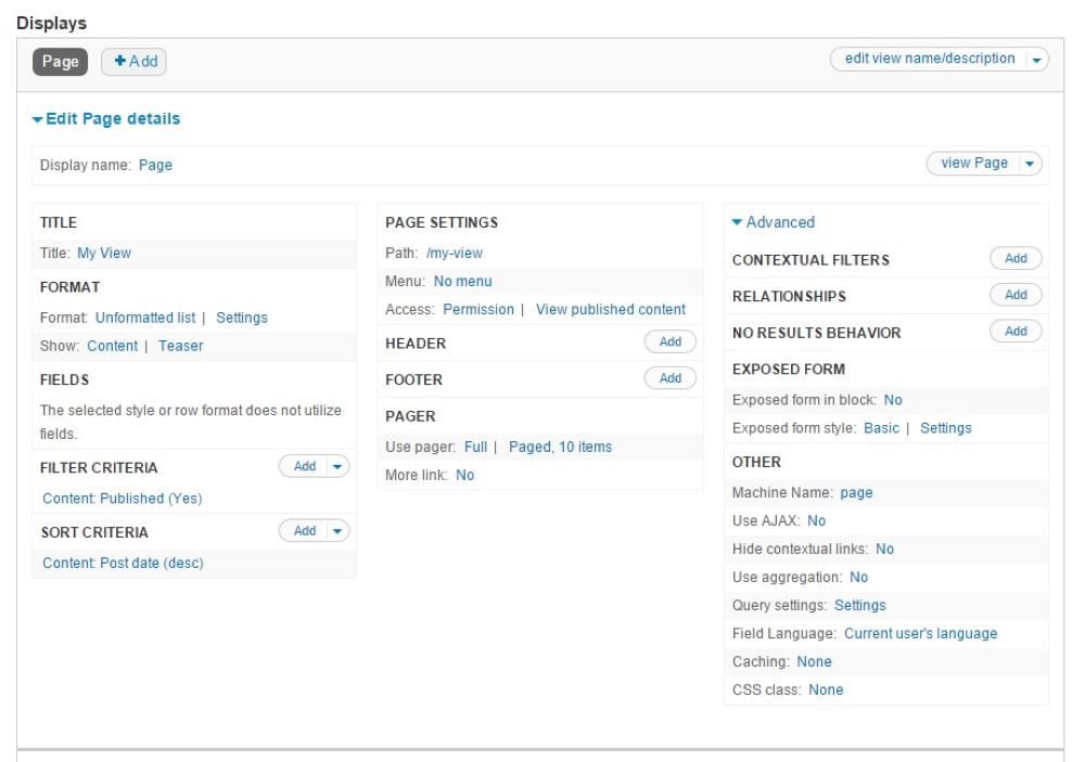 A screenshot of the Drupal Views module configuration page, showing the complex interface used to define how content is queried and displayed. The UI includes panels for title, format, fields, filter criteria, sort criteria, page settings and advanced options, illustrating how users construct repeatable content retrieval functions.