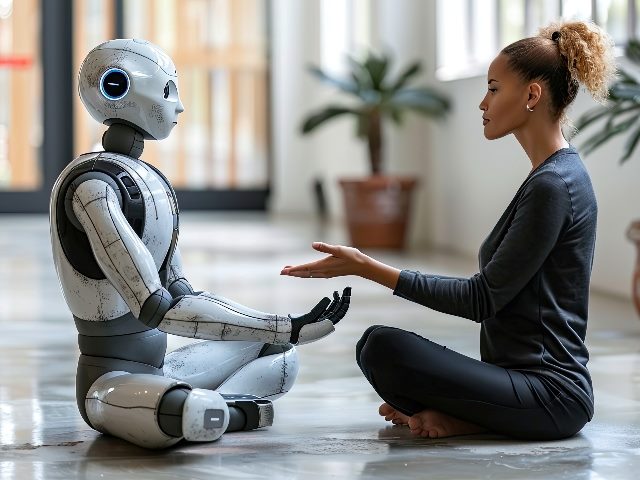  Young woman and a humanoid robot are practicing meditation together in a modern office environment in an image generated with AI.