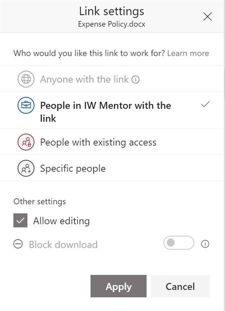 link sharing settings in SharePoint