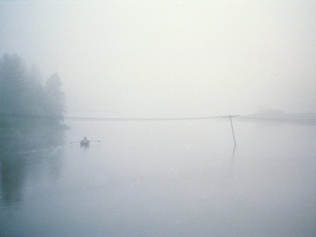 person rowing a boat on a  lake in the mist
