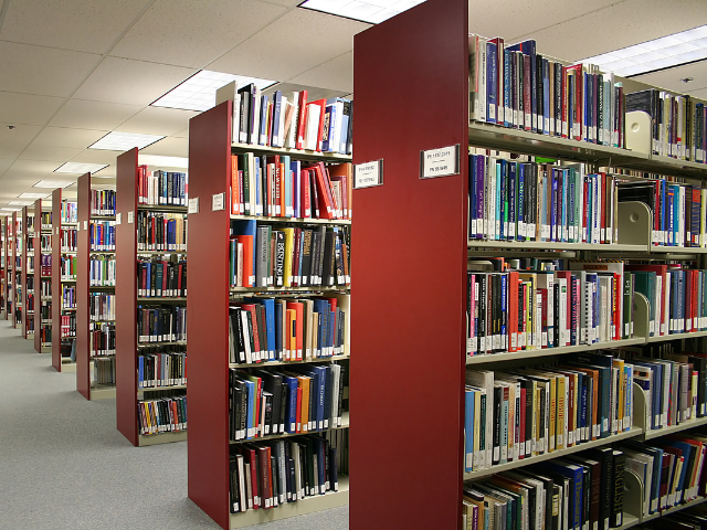 Shelves in a library full of books 