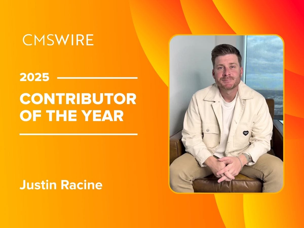 Portrait of Justin Racine, CMSWire Contributor of the Year 2025, seated in a casual professional setting against an orange CMSWire-branded background.