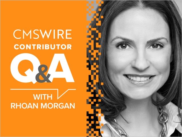 Illustration in orange backdrop and white lettering. Says on the left, "CMSWire Contributor Q&A With Rhoan Morgan" and has Rhoan’s headshot in black and white to the right.