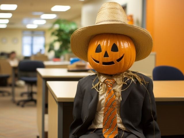 A jack-o-lantern on top of a suited body in an office setting 
