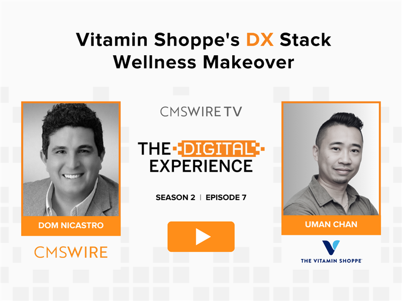 Pixelated background grey thumbnail for CMSWire TV's show, The Digital Experience with two rectangular headshots of guest Uman Chan and host Dom Nicastro