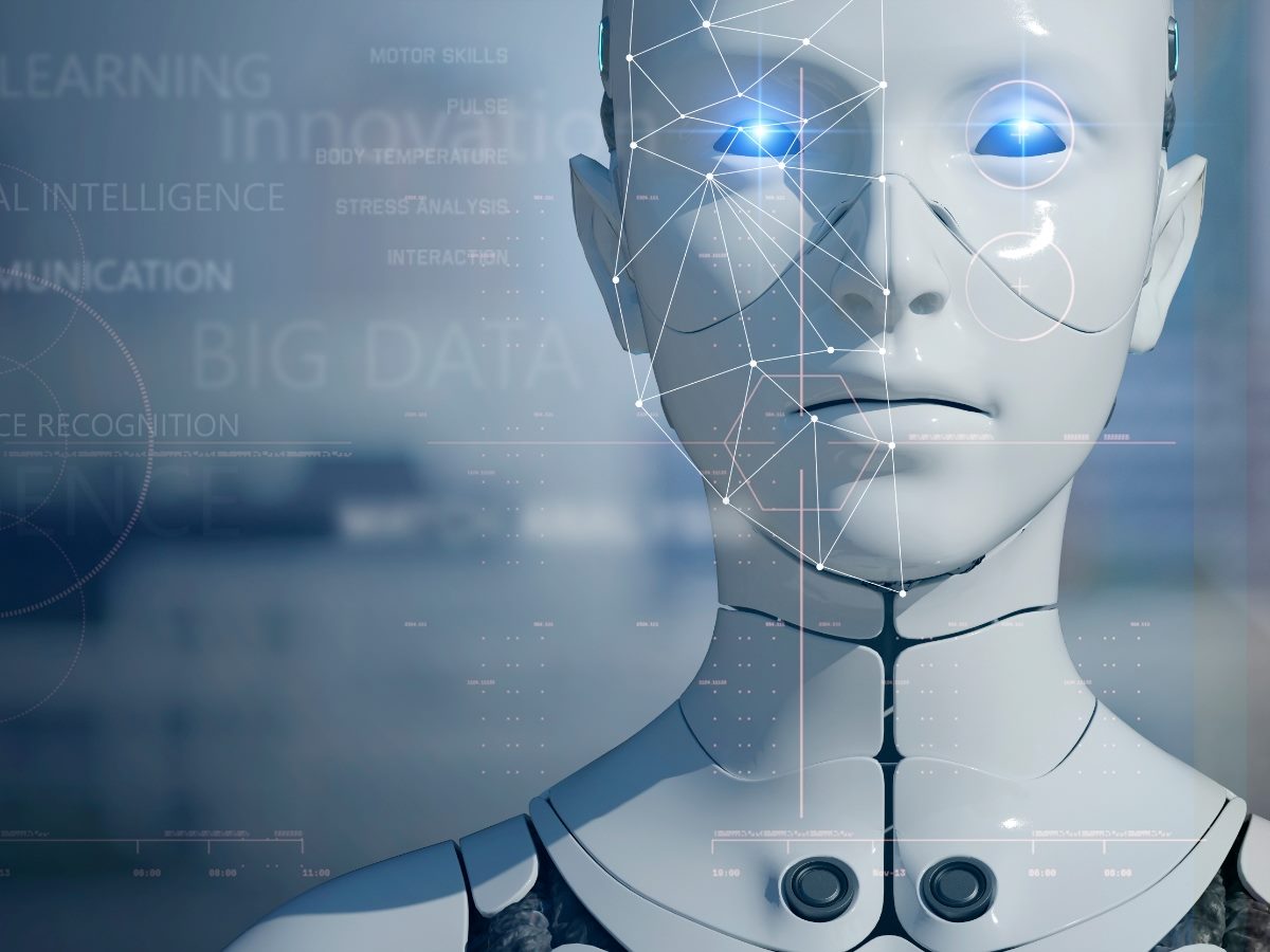 Humanoid robot face close-up futuristic modern tech chatbot assistance auto conversation background copy space. 