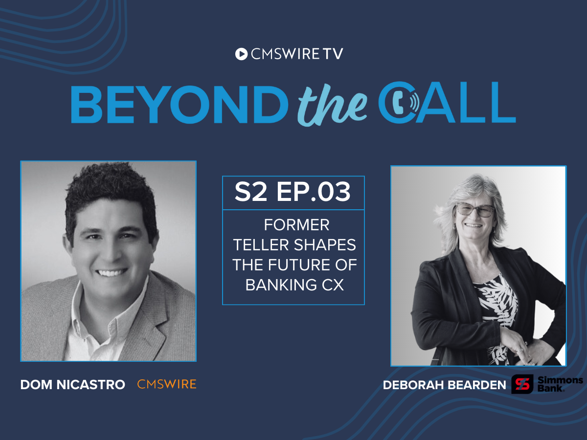 Blue background thumbnail with two greyscale headshots of host, Dom Nicastro and guest Deborah Bearden for CMSWireTV's show, Beyond The Call