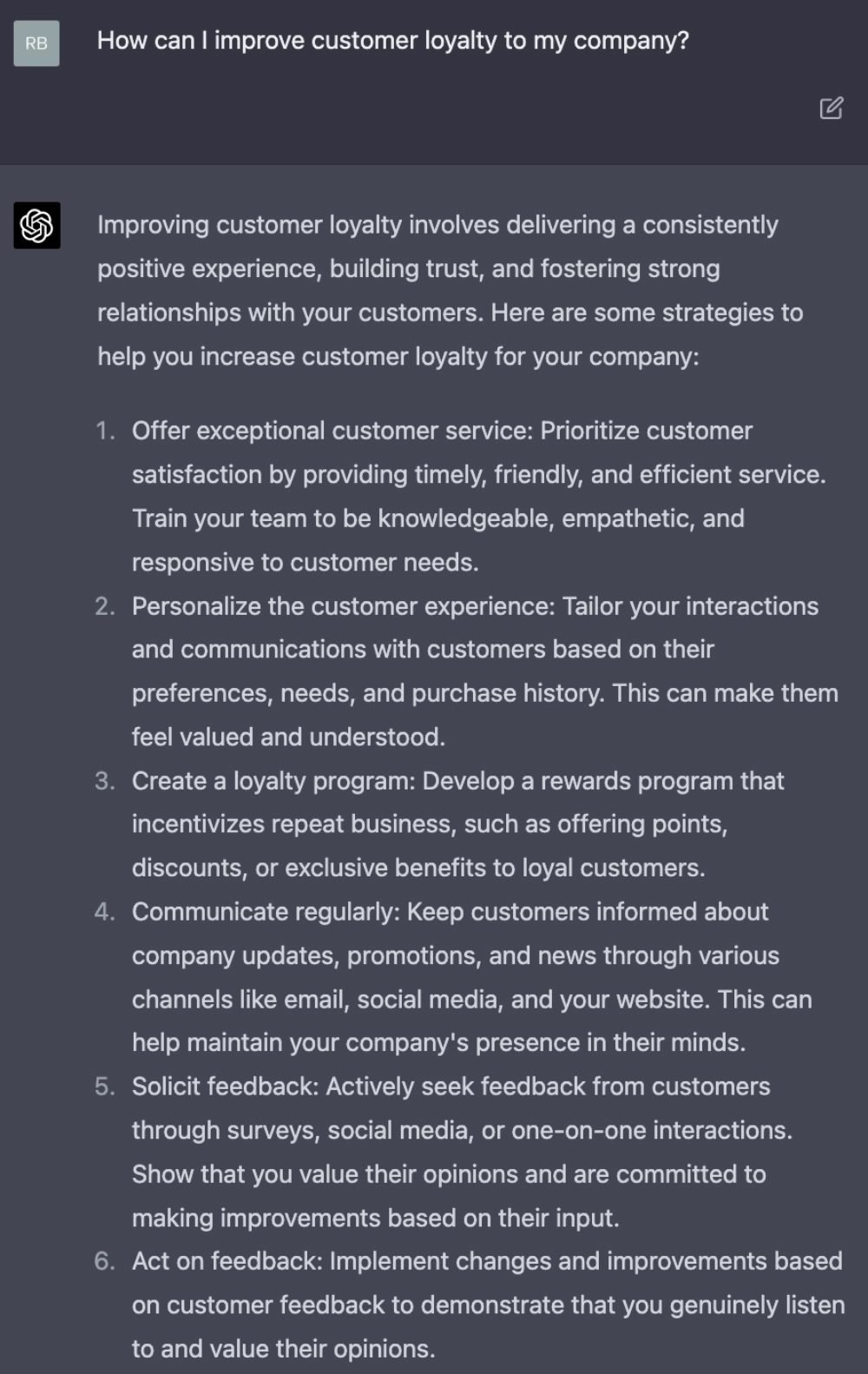 Screenshot of ChatGPT-4 answer to customer loyalty question.