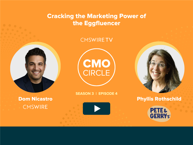 CMSWire TV CMO Circle Season 3 Episode 4 thumbnail featuring host Dom Nicastro of CMSWire and guest Phyllis Rothschild, CMO of Pete & Gerry's Organics, with the episode title "Cracking the Marketing Power of the Eggfluencer."