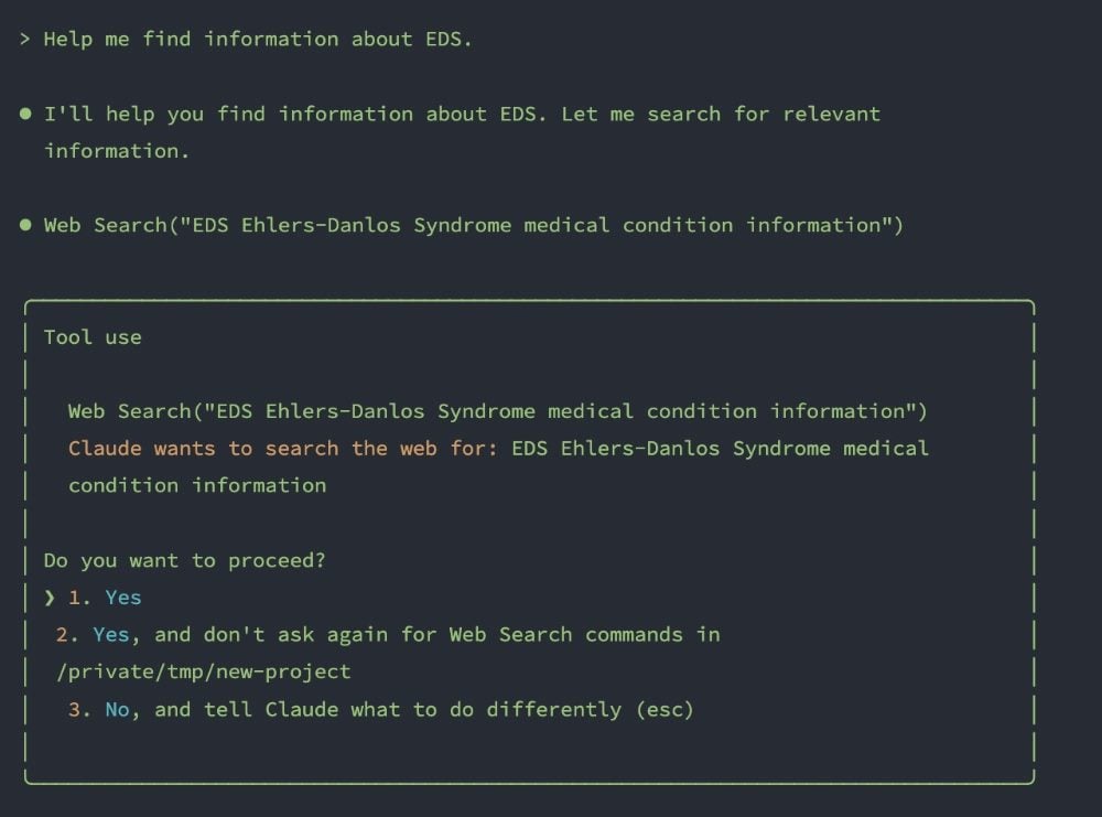 A terminal-style interface showing an AI assistant attempting a web search for “EDS Ehlers-Danlos Syndrome medical condition information.” The system warns that the query may be incorrect and asks the user whether to proceed with the search, highlighting how agents can misinterpret “EDS” when referring to Adobe Edge Delivery Services.