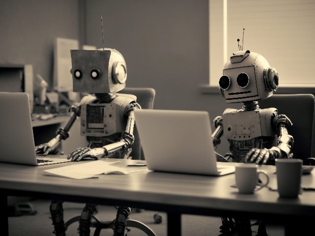 Robots working in the office with laptops.  