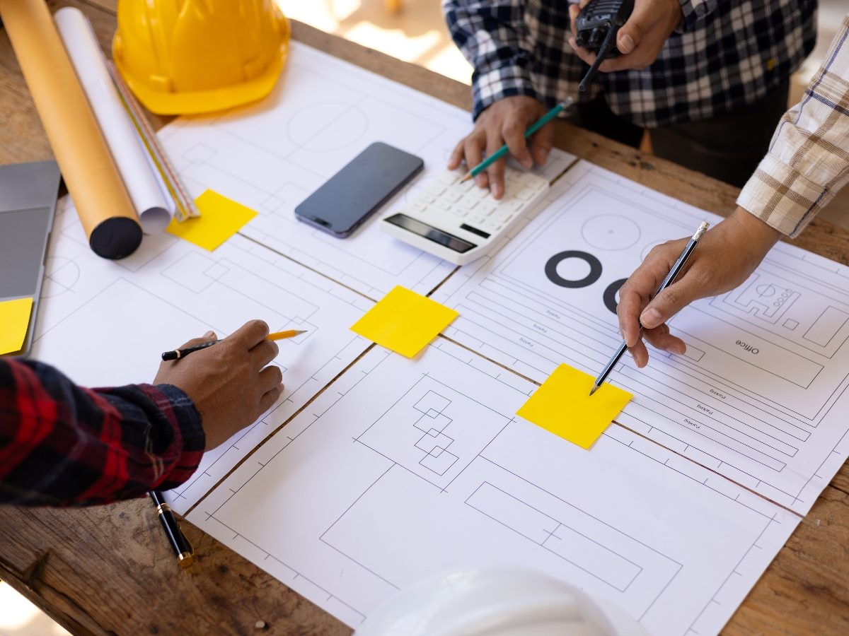 Close-up of people collaborating over architectural blueprints on a wooden table, using pencils, sticky notes, and a calculator, symbolizing planning and design coordination.