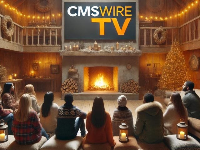 In an image generated by ChatGPT's AI engine, people sit on the floor in a winter-themed cabin living room watching a television screen that says, "CMSWire TV"