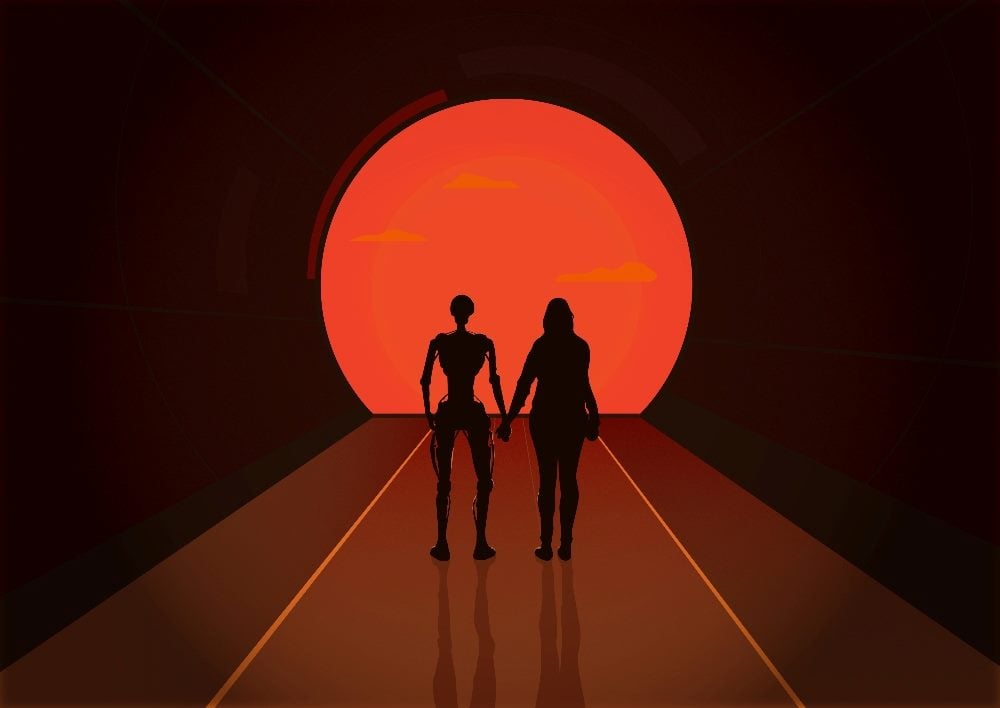 An image depicting a silhouette of a robot and a human holding hands, walking towards a large, setting sun in the background. The scene is framed within a tunnel, emphasizing the journey and partnership between AI and the human touch. The warm, red and orange hues of the sunset highlight the harmonious blend of technology and humanity.