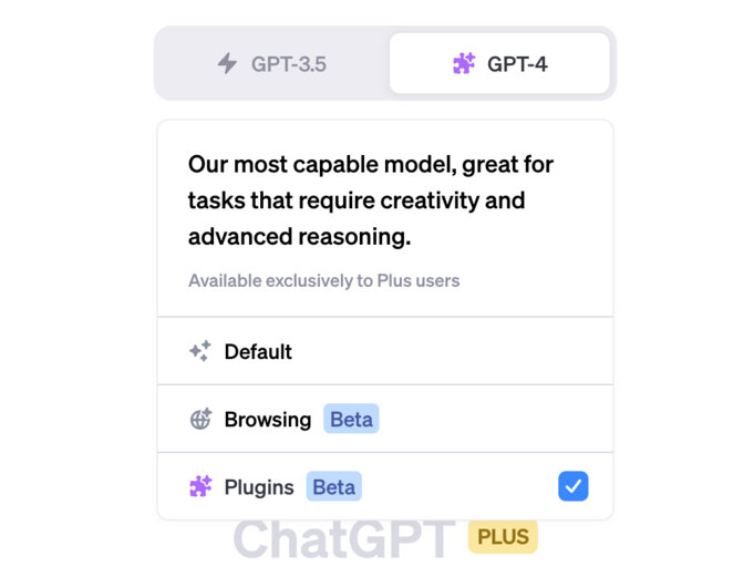 Turn on access to ChatGPT plugins by hovering over the GPT-4 option.