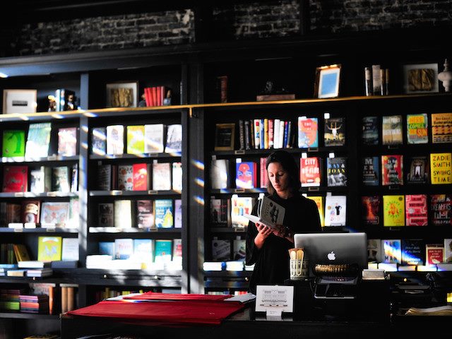 reading in a bookstore