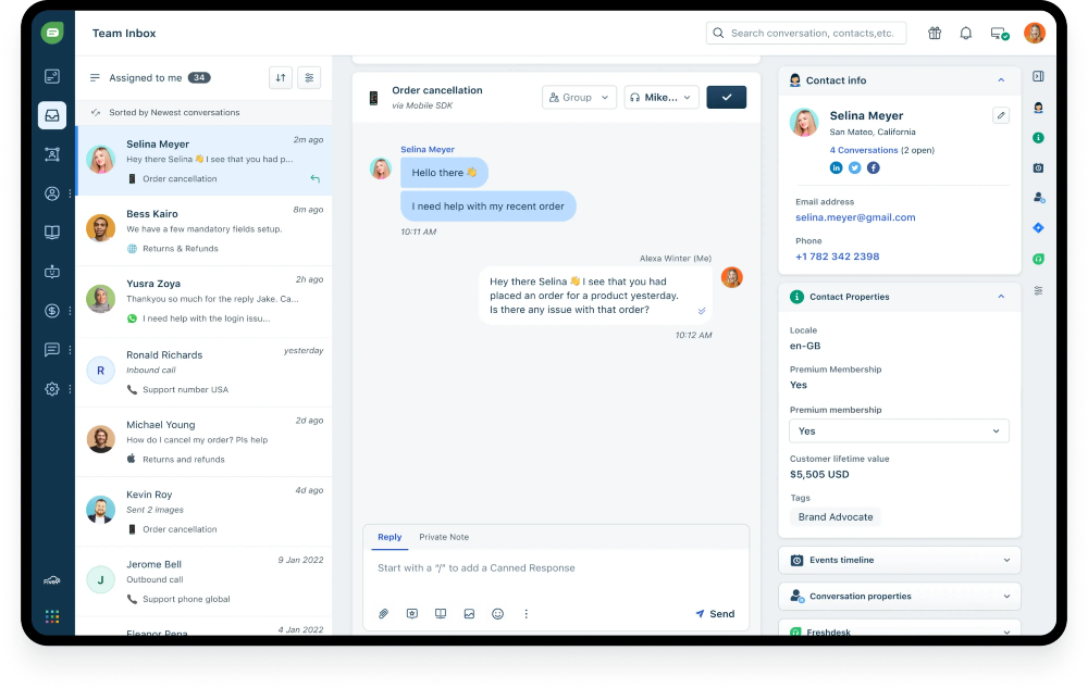 Freshchat by Freshworks team inbox dashboard showing customer conversations. The main chat window displays an order cancellation request from Selina Meyer, with agent Alexa Winter replying. Left panel lists recent customer chats, while the right panel shows Selina Meyer’s contact info, including email, phone, membership status, lifetime value, and customer tags.