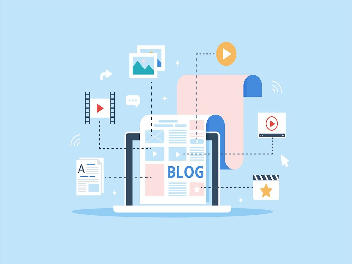 An illustration of different types of digital media, including blogs, documents, videos, movies and more. 