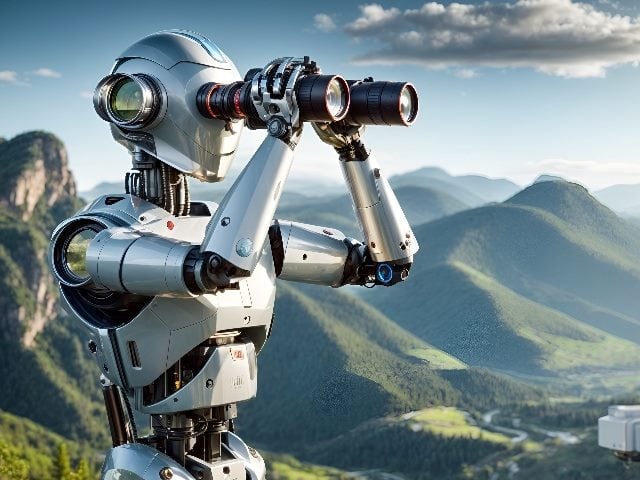 A robot looking through binoculars at a scenic landscape with mountains and clouds in piece about AI in customer experience in 2024.