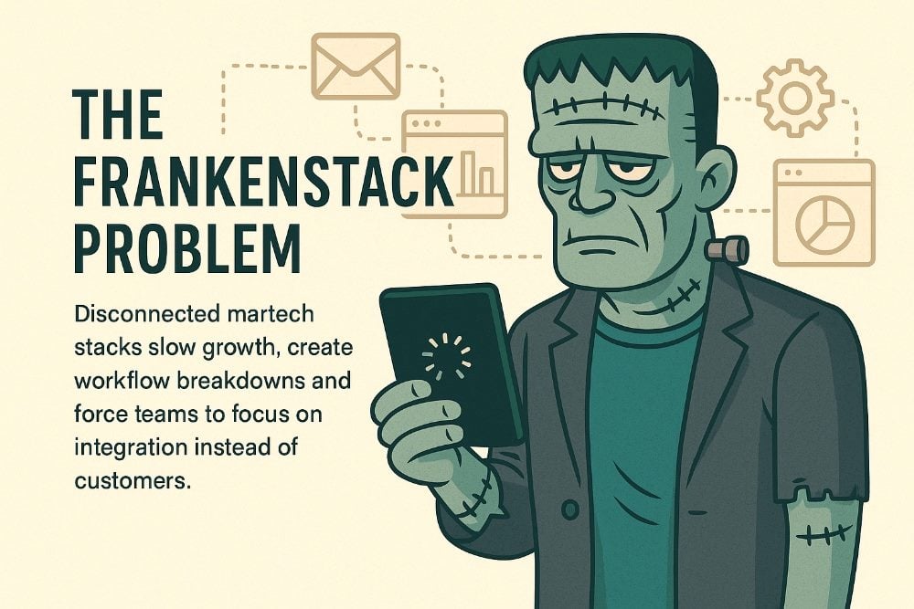 Cartoon illustration of Frankenstein’s monster looking frustrated while holding a tablet with a loading icon, surrounded by disconnected martech icons representing email, analytics, and gears.