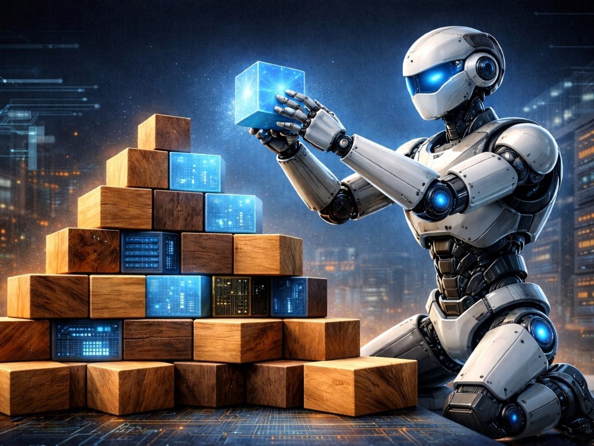 In an image generated by AI, a futuristic robot with a sleek metallic design carefully stacks realistic wooden blocks and glowing digital cubes into a pyramid, symbolizing the building of an AI technology stack, with server racks and a high-tech cityscape in the background.