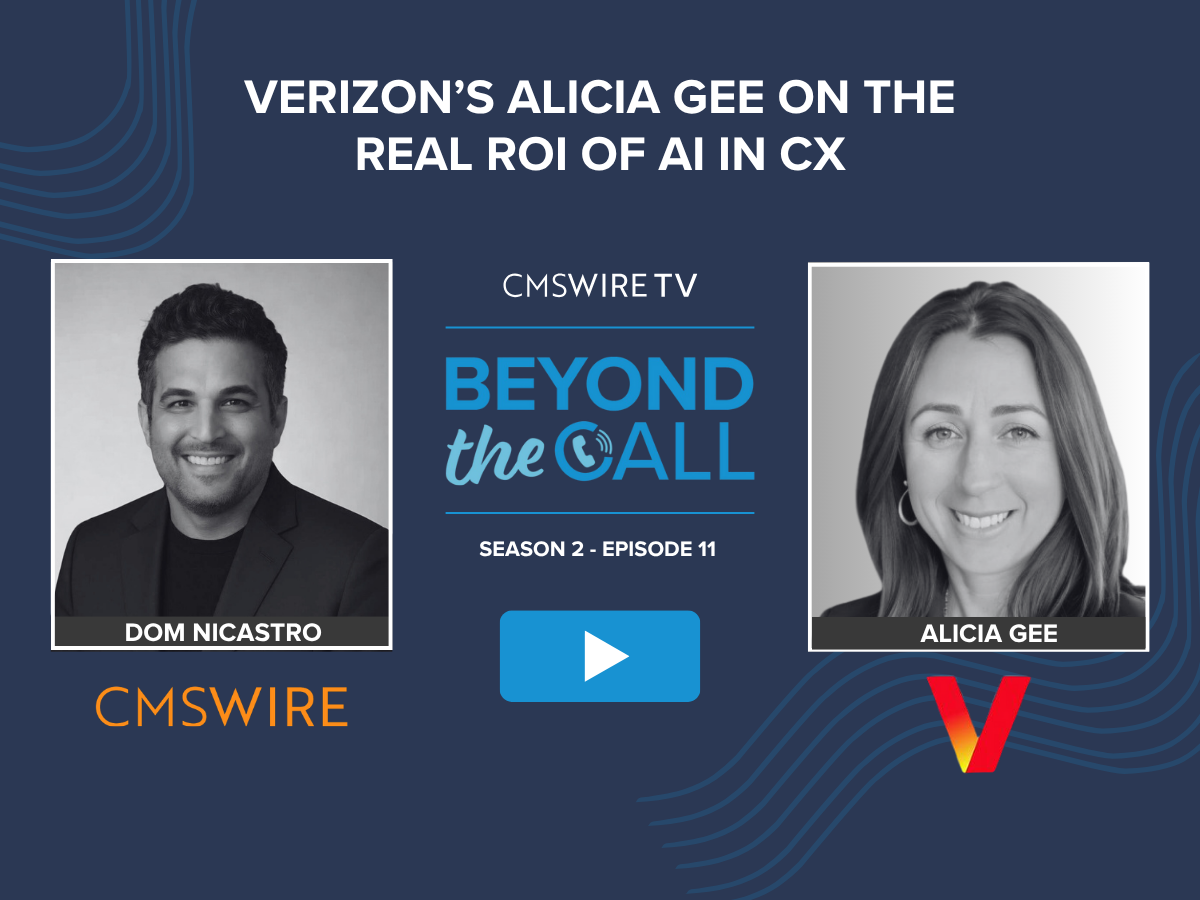 Blue thumbnail for CMSWire TV's Beyond The Call show with two black and white headshots of guest Alicia Gee and host Dom Nicastro