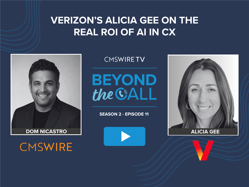 Blue thumbnail for CMSWire TV's Beyond The Call show with two black and white headshots of guest Alicia Gee and host Dom Nicastro