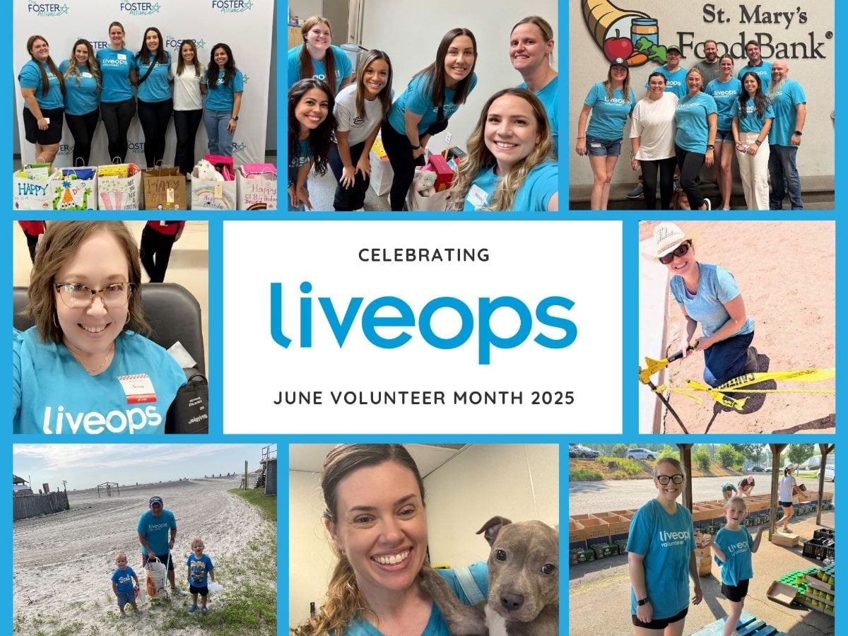 Collage of Liveops team members volunteering during June Volunteer Month 2025, featuring group photos at community organizations, individuals in Liveops shirts volunteering outdoors and indoors, families participating together, and a central graphic reading “Celebrating Liveops — June Volunteer Month 2025.